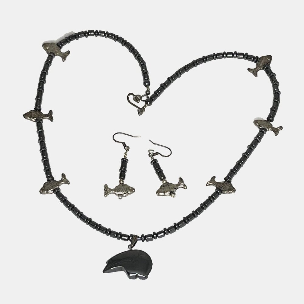 Southwest Hematite Native Fetish Bear w Fishes Set Necklace, Drop Earrings 21" L - Picture 2 of 7